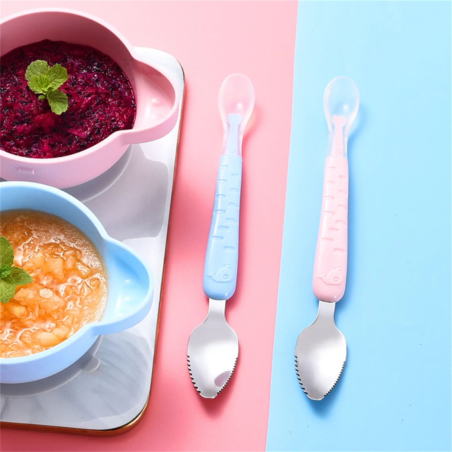 

Baby Double Head Silicone Stainless Steel Children Utensil Toddler Infant Food Eating Fruit Scraping Mud Spoon Feeding Tableware