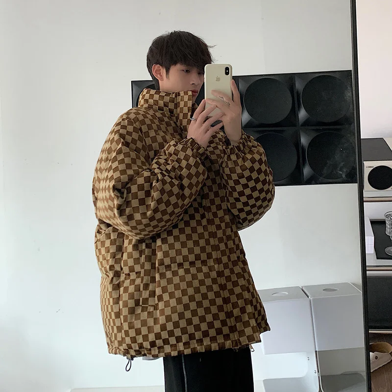 Winter Jacket Men Warm Fashion Casual Thickened Down Jacket Men Korean Loose Thick Plaid Short Coat Mens Parker Clothes M-2XL