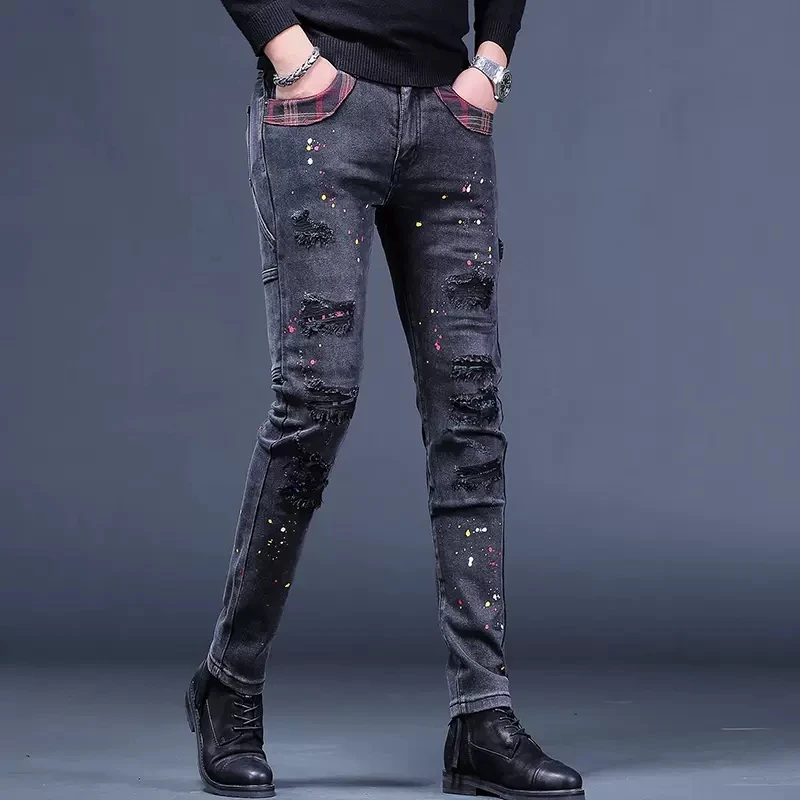 Men Ripped Patches Black Gray Jeans Autumn Slim Fit Mens Pants Fashion Dots Printed Plaid Patchwork Stretch Denim Trousers