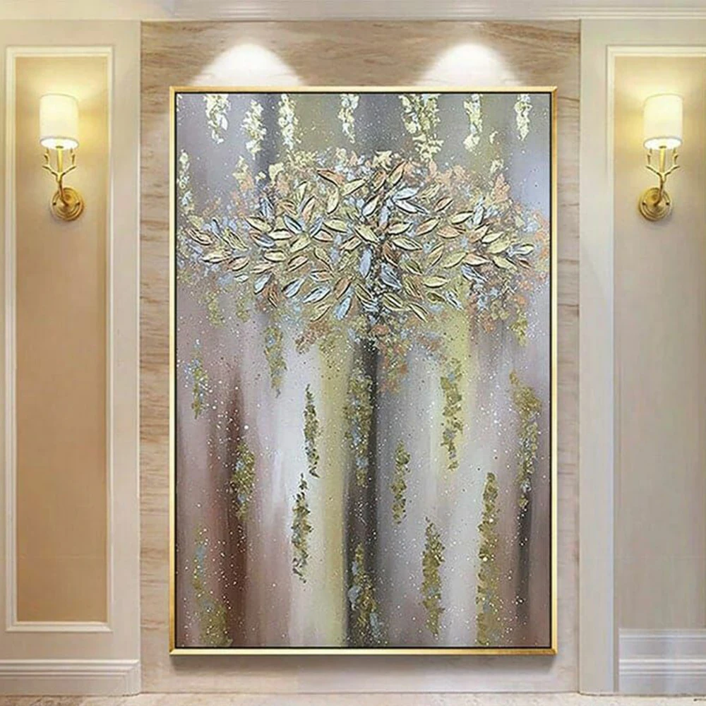 

Абстрактная Картина на холсте с изображением золотых листьев, домашний декор ручной работы, Настенная роспись на заказ, для гостиной, корид...