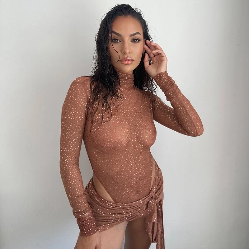 

Dot Print Mesh See Through Two Piece Set Women Skinny Turtleneck Long Sleeve Bodysuits + Sexy Bandage Skirt Clubwear Suits