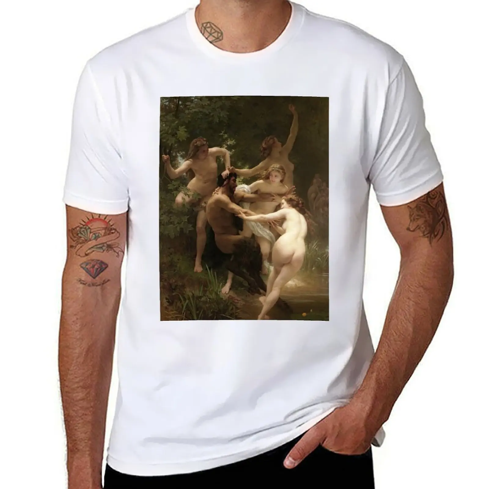 Фото William-Adolphe Bouguereau - нимфы и Сатир, футболка 1833, мужская футболка из 100% хлопка, незаменимая футболка №1