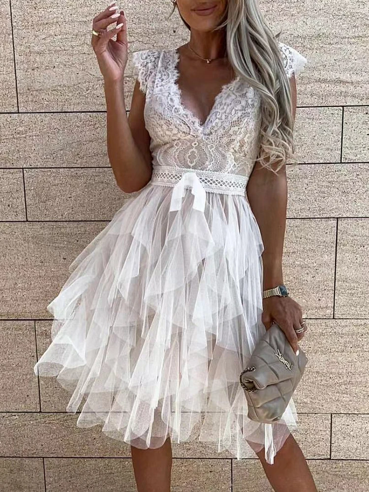

Foridol Double V Neck Sexy White Lace Party Wedding Tiered Dress Tank Sundress Pink Embriodery Casual Black Elegant Dress Women