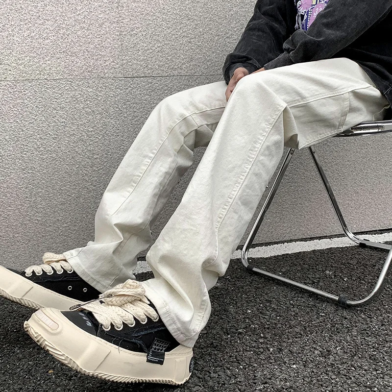 White Black Jeans Men Slim Fit Fashion Casual Straight Jeans Men Japanese Streetwear Hip-hop Denim Pants Mens Trousers M-2XL