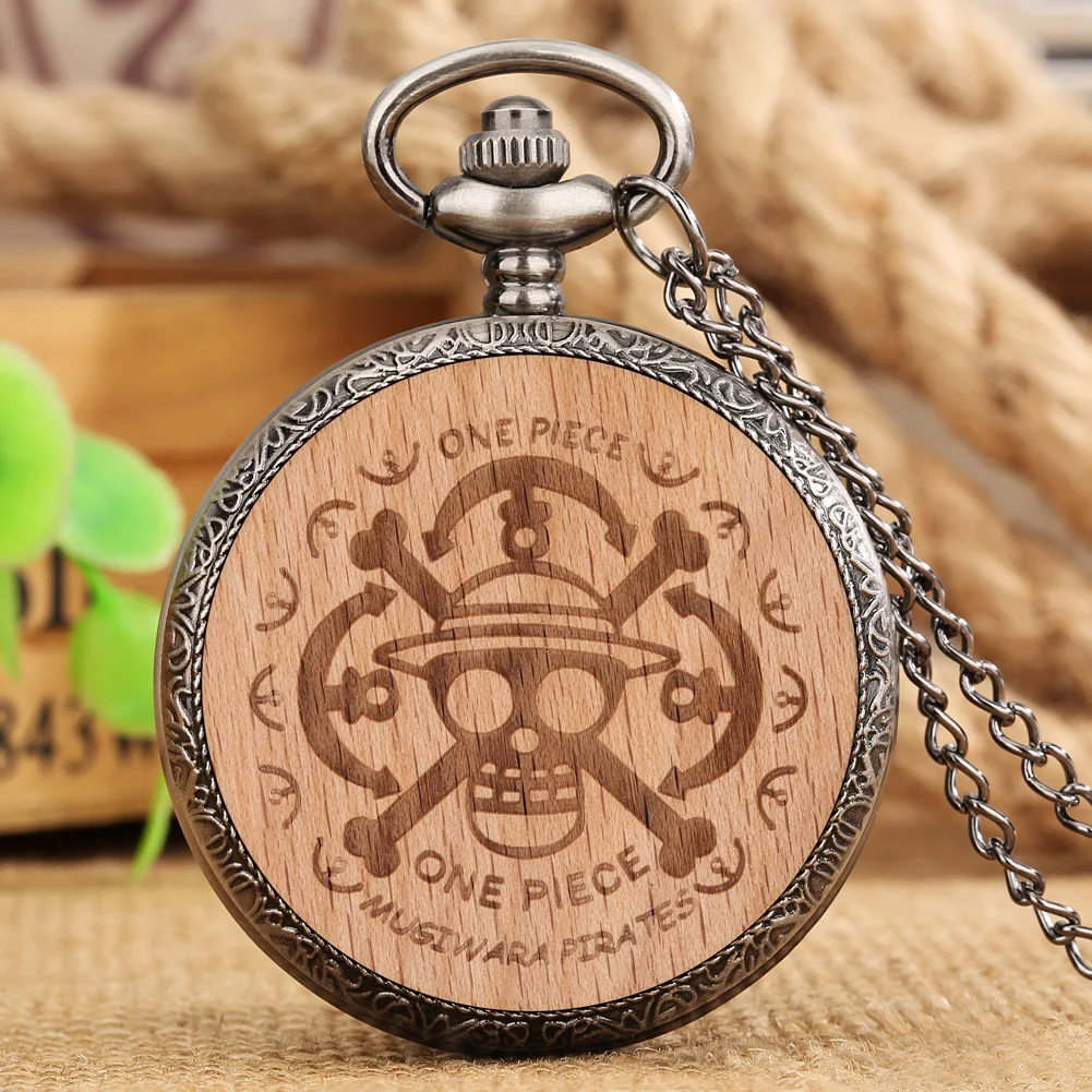 Pocket Watch with Chain Wood Cover Anime Skull Carving Analog Quartz Pocket Necklace Clock Pendant Creative Gifts for Men