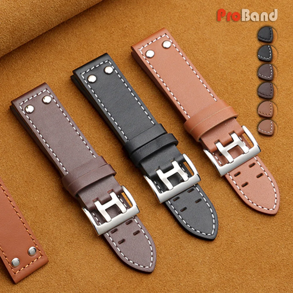 Фото Ремешок для часов из натуральной кожи для Hamilton Khaki Aviation Field, 20 мм, 22 мм, с заклепками, коричневый, мужской и женский браслет №1