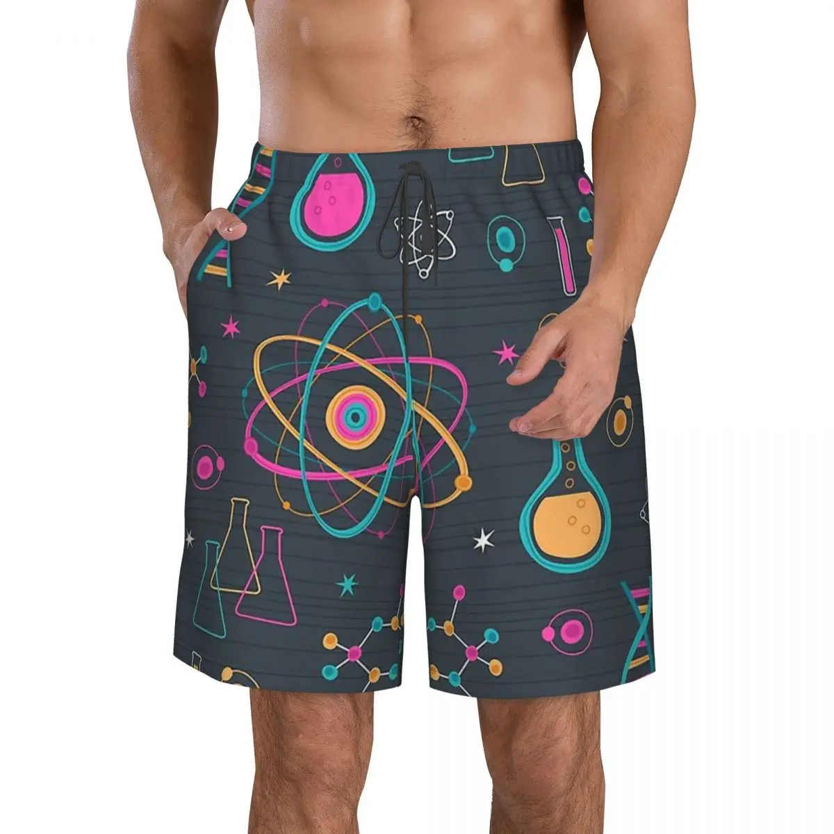 

Midcentury Modern Science Men's Beach Shorts Code Geek Linux with Pocket Men Swimwear Surfing Boardshorts