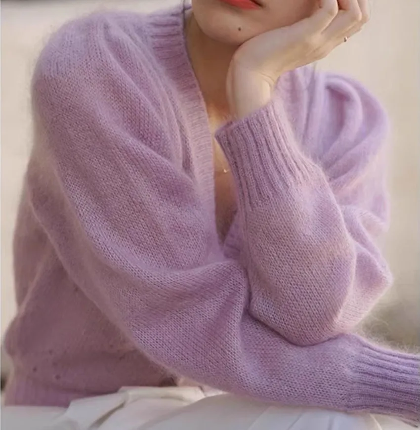 Новинка Осень-зима 2023 вязаный мягкий теплый винтажный кардиган Morhair с жемчугом