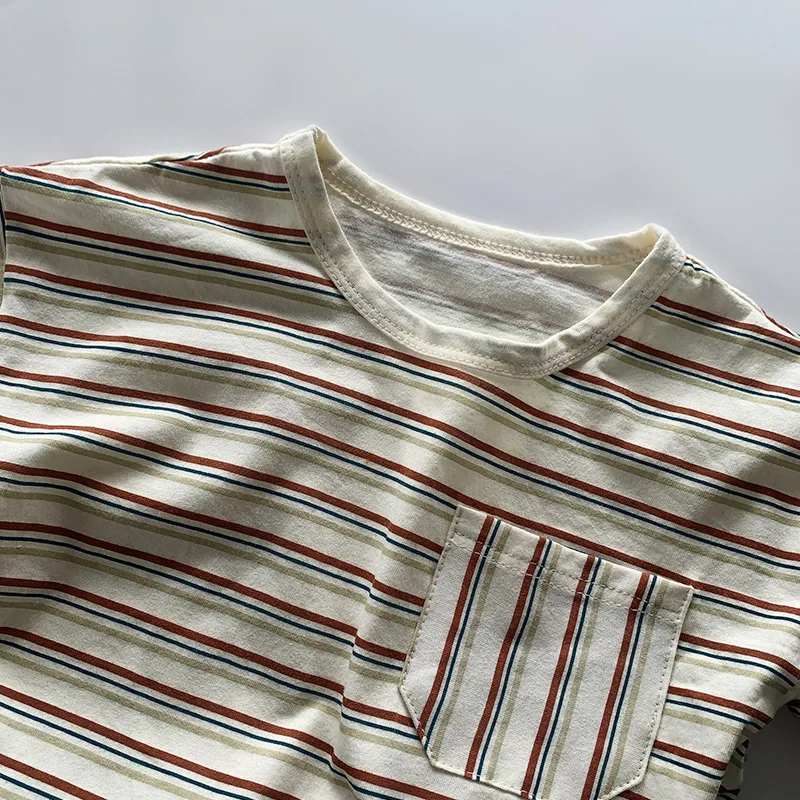 Fahion T Shirts Fashion Cotton Toddler T-shirt Unisex Tops 2022 Summer Baby Boys Girls Striped Tee Kids Pocket Clothes