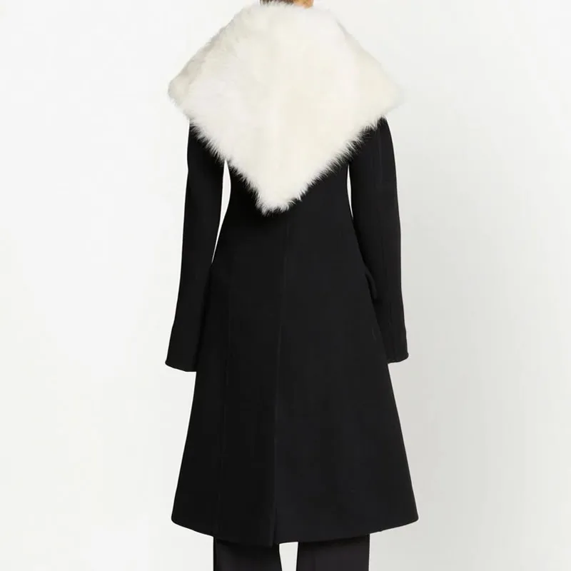 Черное шерстяное пальто для женщин большой меховой воротник тяжелый дизайн