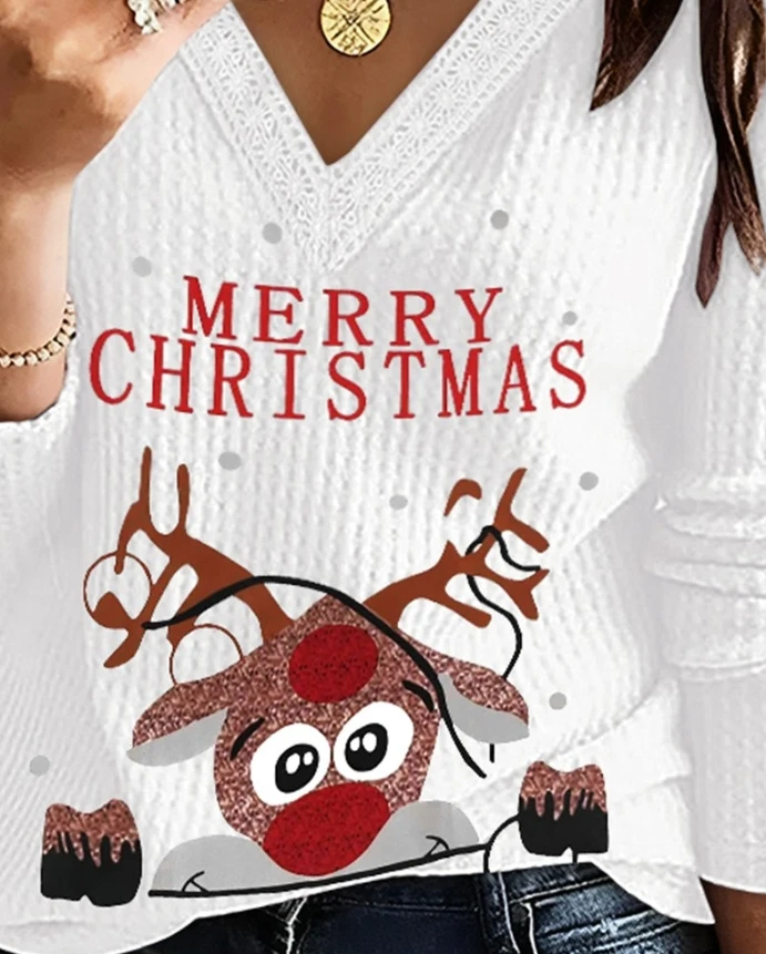 Топ женский весенняя мода 2025 повседневная свободная футболка с рождественским