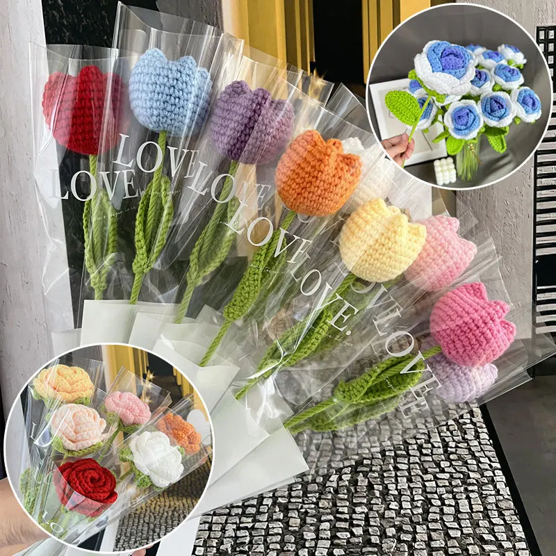 

1PC Knitted Flower Rose Tulips Daisy Fake Flowers Bouquet Wedding Party Decoration Hand Knitting Crochet Woven Flower Bouquet