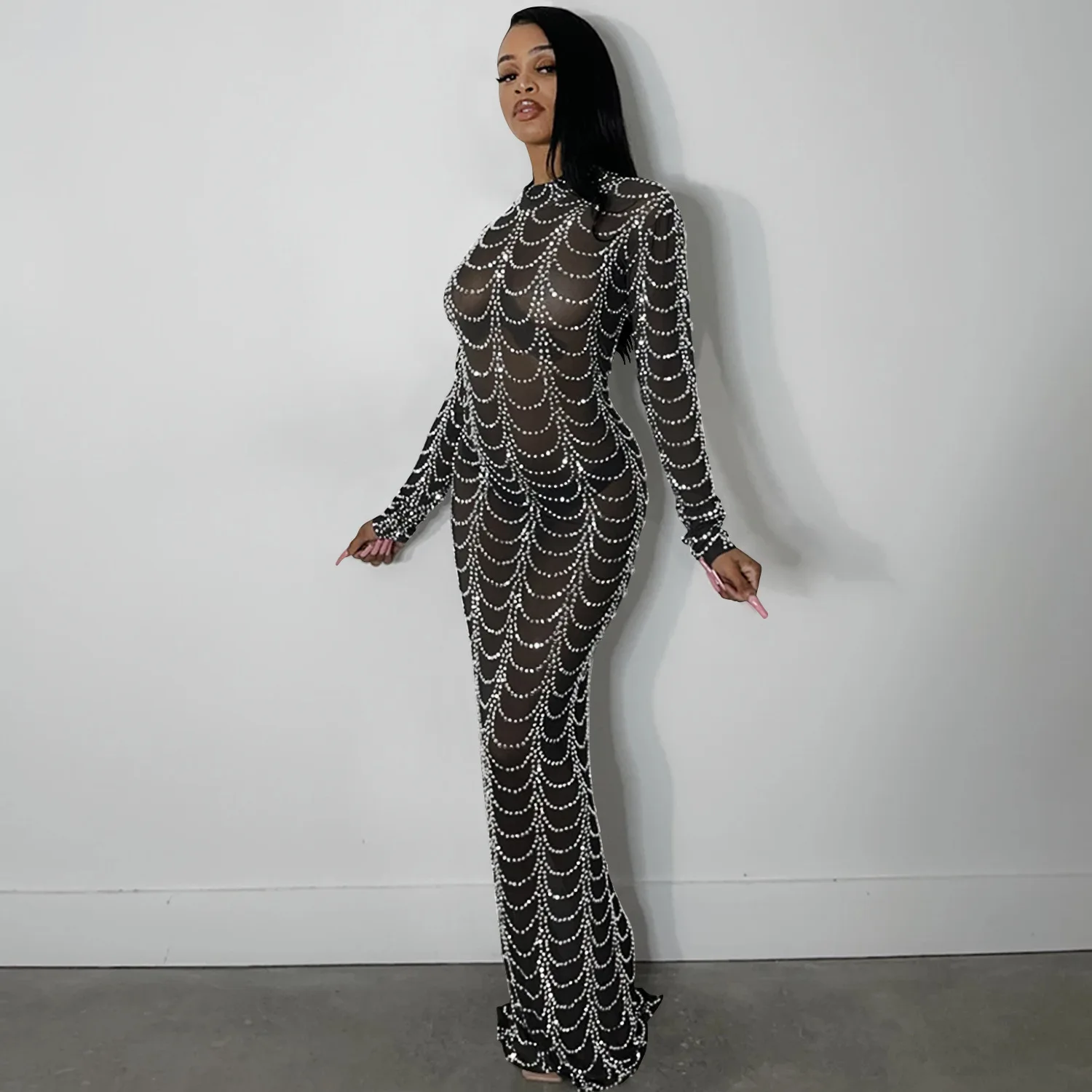 

Clothing 2022 Diamonds Hot Drill Striped Mesh See Though Long Sleeve Bodycon Midi Maxi Dress For Woman Birthday Nightclub Party