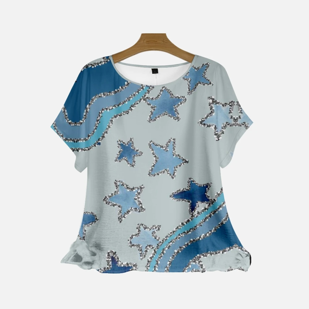 

Women's Summer Loose Top T-shirt Short Sleeve Chiffon Round Neck Casual Fashion Star Stitching Printing T-shirt Ladies