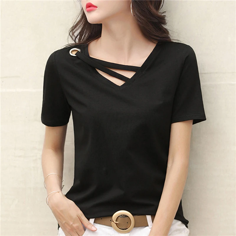 

2022 Women New Summer V-neck Loose Short Sleeve White T-shirt Women Korean Black Top Casual Compassionate Trend T Shirt Women