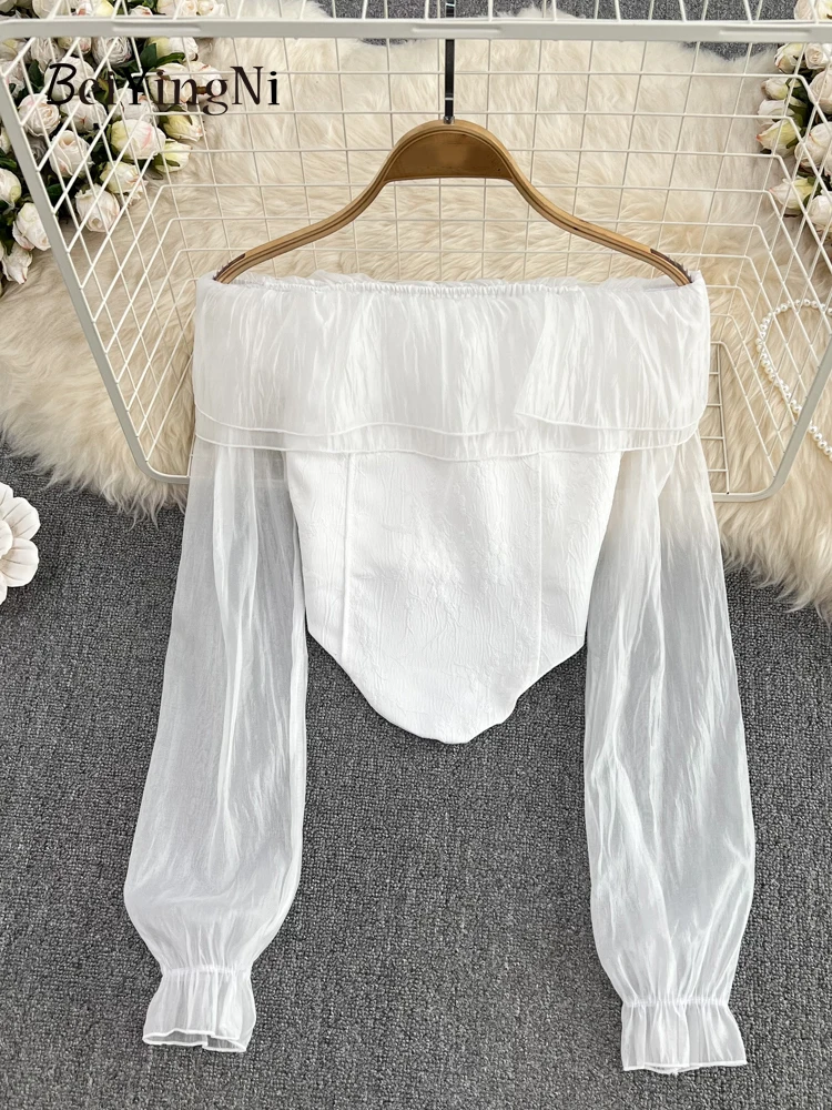 

Beiyingni Vintage Elegant Chiffon Blusas Women Slash Neck Sexy Ruffles Club Blouses Female White Casual Off Shoulder Shirts Tops