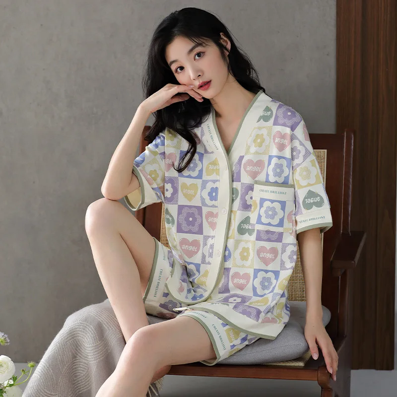 Pajamas for Women Thin Cool Feeling Short-sleeved Shorts Simple and Casual Sleepwear with Lapel Advanced Home Two Pieces Suit