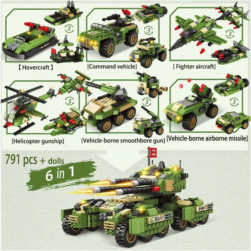 

MOC 791PCS New 6In1 Heavy Variant Armored Vehicle Army Tank Military Combat Model Building Blocks Children's Toy Set Gift DIY