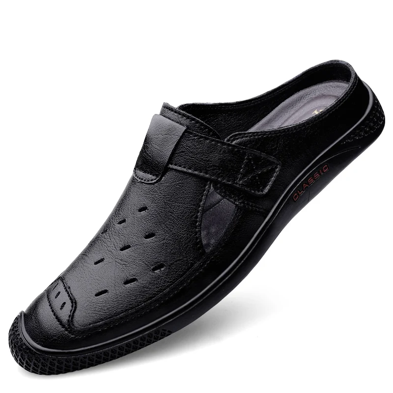 

2022 New Quality Men's Genuine Leather Loafers Black Casual Flats Mules Summer Slippers Half Drag Shoes Light Men Driving Shoes