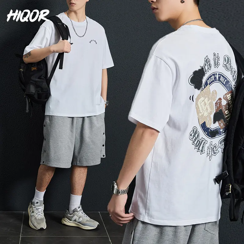 

HIQOR 2023 Oversized Round Neck Tshirt Men's Clothing Loose Half Sleeved Short Sleeved 100% Cotton Letter Puzzle Printed Tops