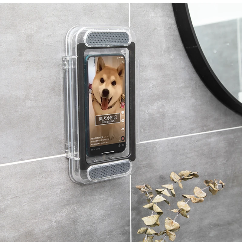 home wall stand waterproof mobile phone box self adhesive holder touch screen bathroom phone shell shower sealing storage box free global shipping