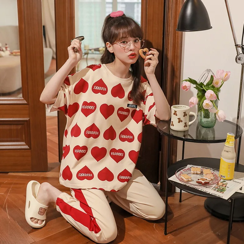 New Pajamas Cartoon Cotton Pajamas Women's Trousers Short-sleeved Summer and Spring Home Clothes Fashion Home Clothes