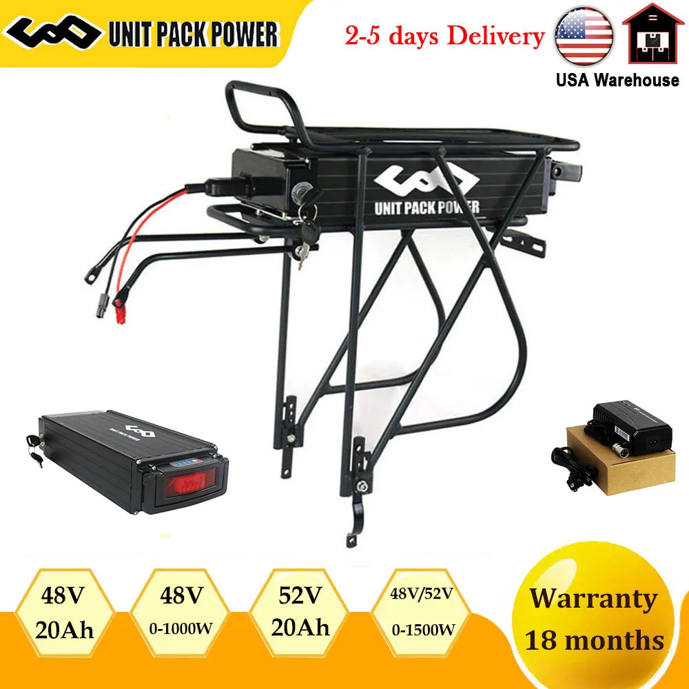 

48V 52V Rear Rack Ebike Battery 20AH Electric Bicycle 18650 Battery 24" 26" 28" Bicycle for 1500W 1000W 750W 500W 350W Motor