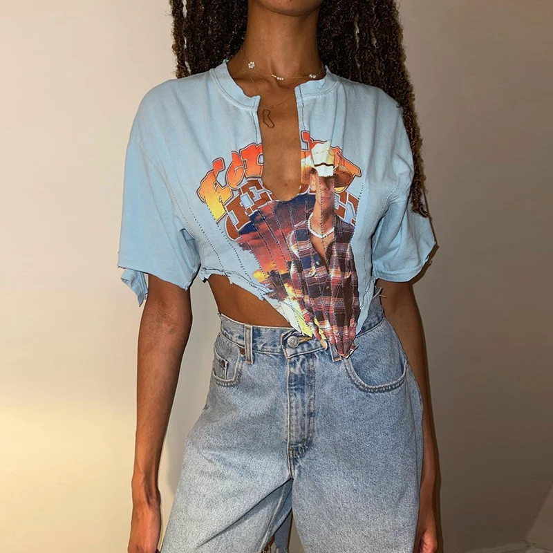 

Summer Women Printing Irregular Low Cut Top Street Slim Casual Short Sleeve T Shirt Fashion Vintage Tops V-Neck Tee Tops