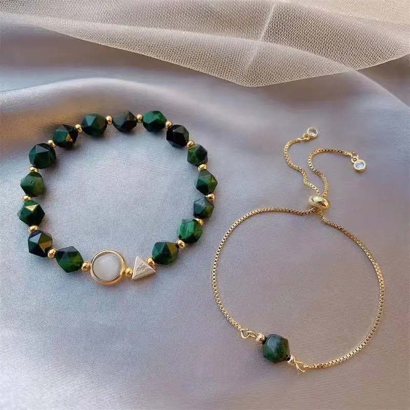

Simple green gem bracelet female Korean tiger eye stone personalized Bracelet 2-piece Set Fashion Design Bracelet Adjustable