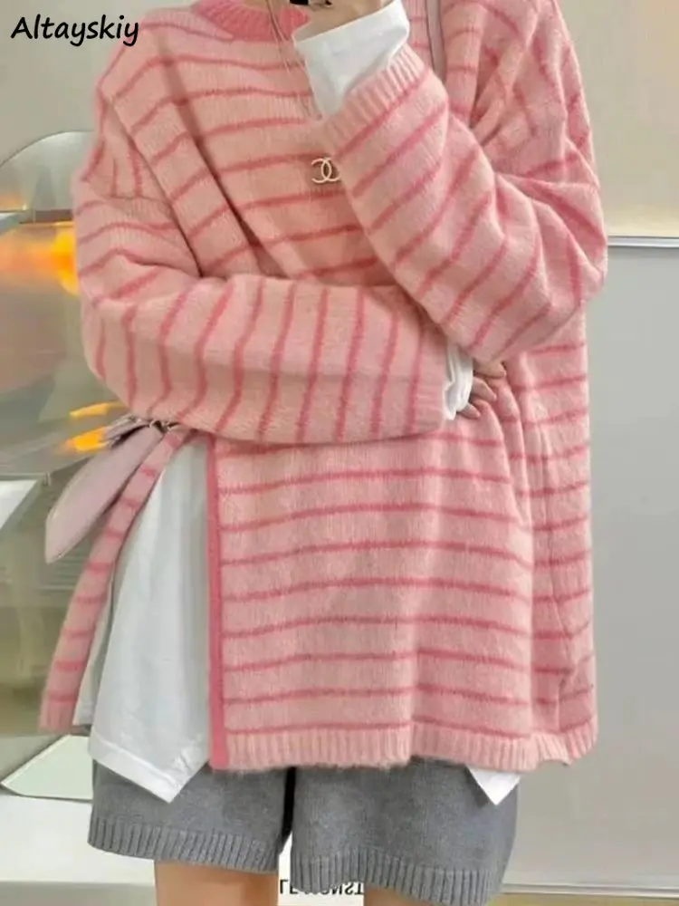 

Pullovers Women Autumn Striped Long Sleeve Loose Side-slit Soft Stylish All-match Cozy Popular Chic Korean Style Kawaii Simple