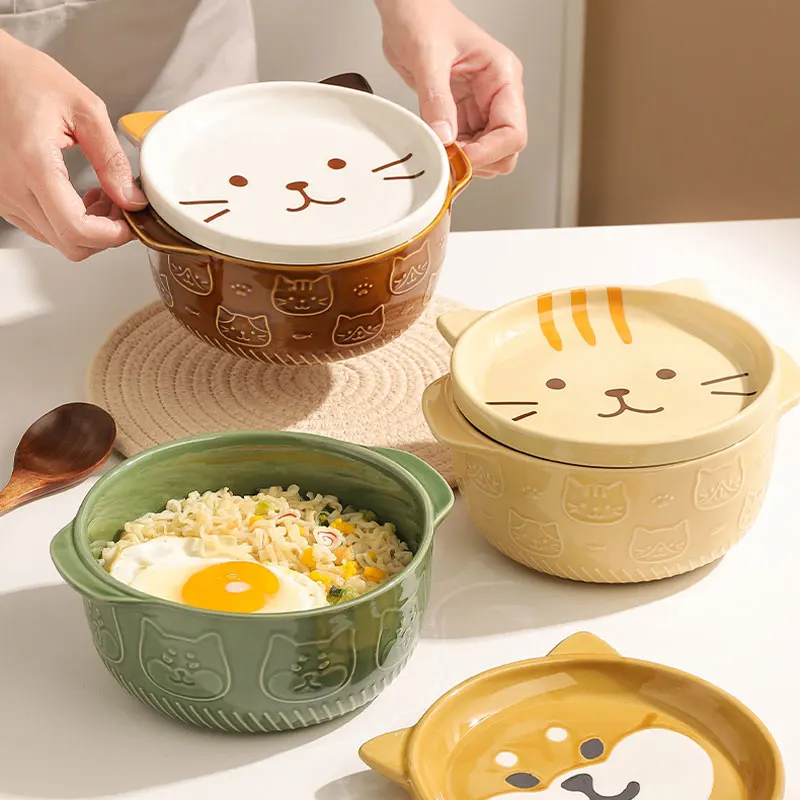 Мультяшные японские керамические миски с крышками для лапши кошки собаки Милая