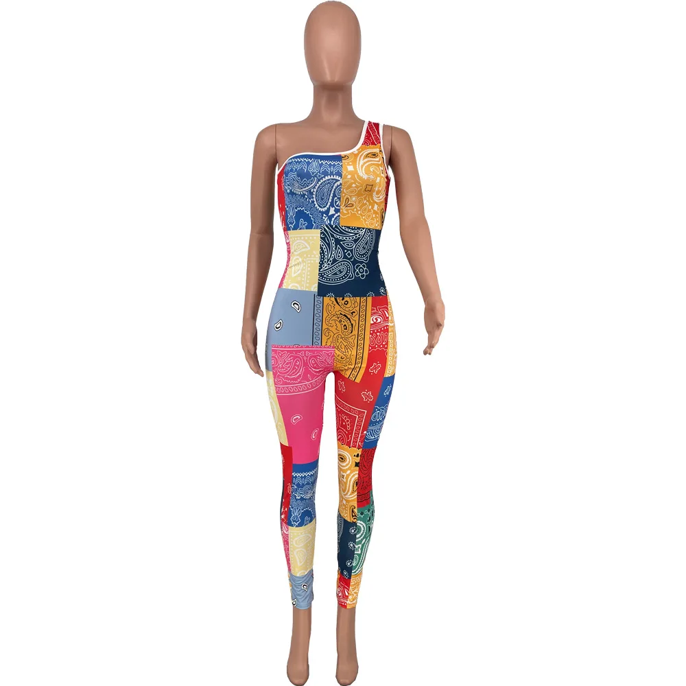 European and American sexy women's fashion personality sleeveless one-shoulder printing casual sports jumpsuit women