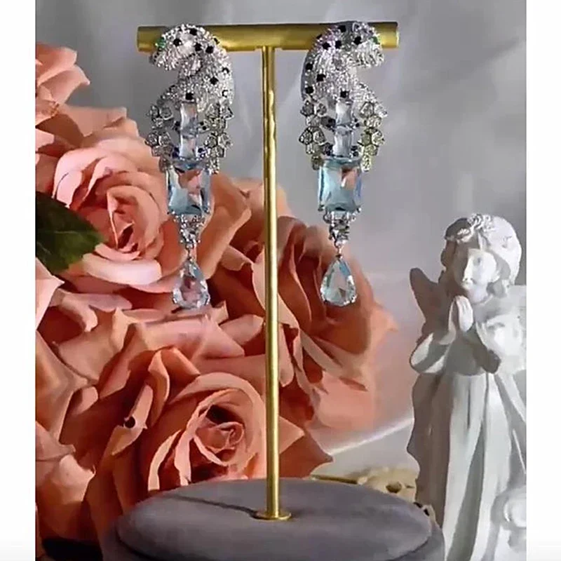Full CZ Zircon Leopard Waterdrop Earrings Green Eyes Square Crystal 925 Needle Panther Animal for Women Party Gift