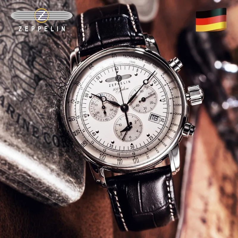 

2023 Hot New Zeppelin Airship Watch Fashion Three Eyes Run Second Multi-function Chronograph Luxury Leather Business Men's Watch