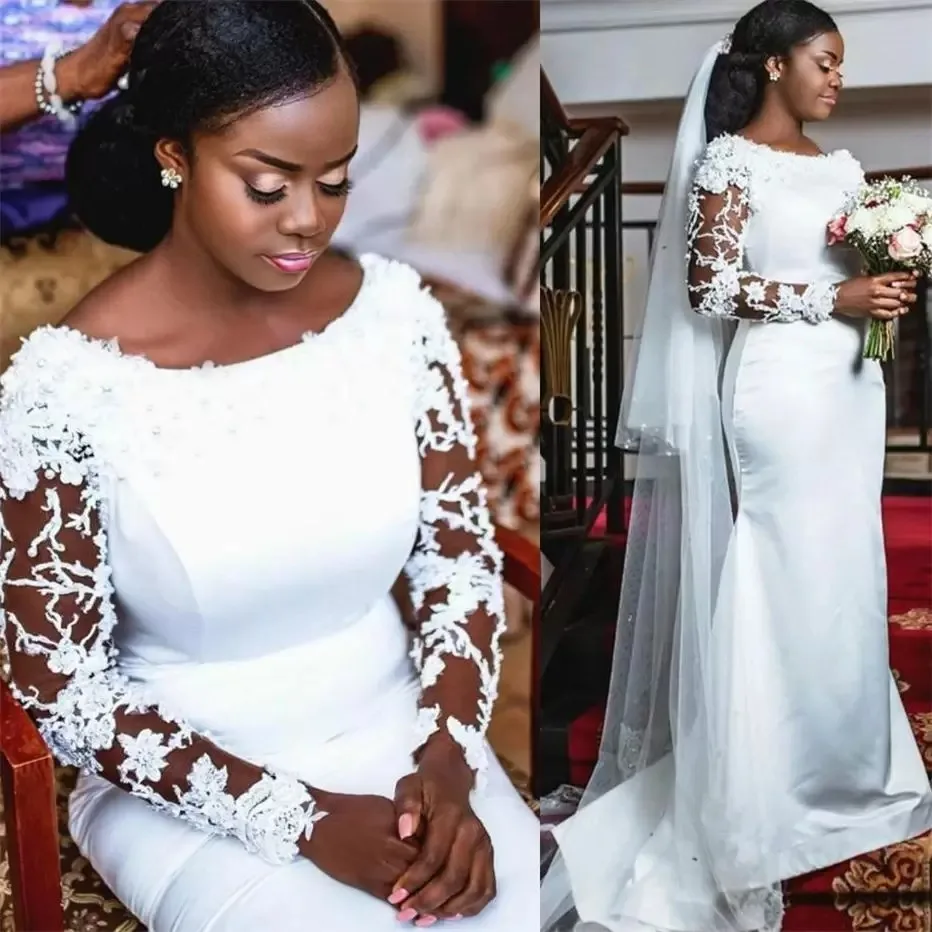 

African Satin Mermaid Wedding Dresses Long Sleeves Lace Beaded Bridal Gowns Plus Size Elegant robes de mariée