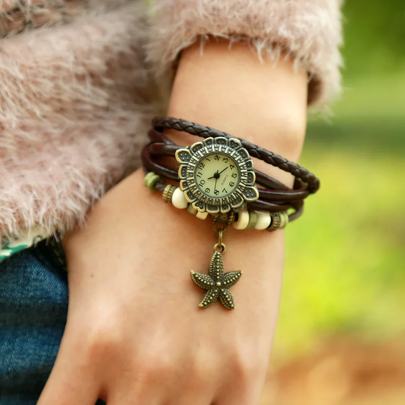 New Women Vintage Genuine Leather Strap Watches Alloy Starfish Bracelet Women Dress Watch Punk Style Women Quartz Wristwatch