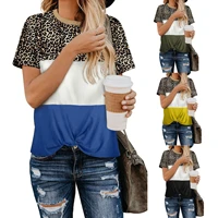 2022 spring and summer new womens leopard print stitching round neck knotted short sleeved casual woman t shirt female
