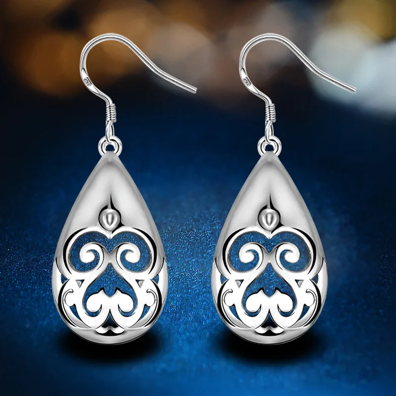 

Fine Charms 925 Sterling Silver Carved Water Drops Earrings for Women Fashion Party Wedding Jewelry Holiday Gifts