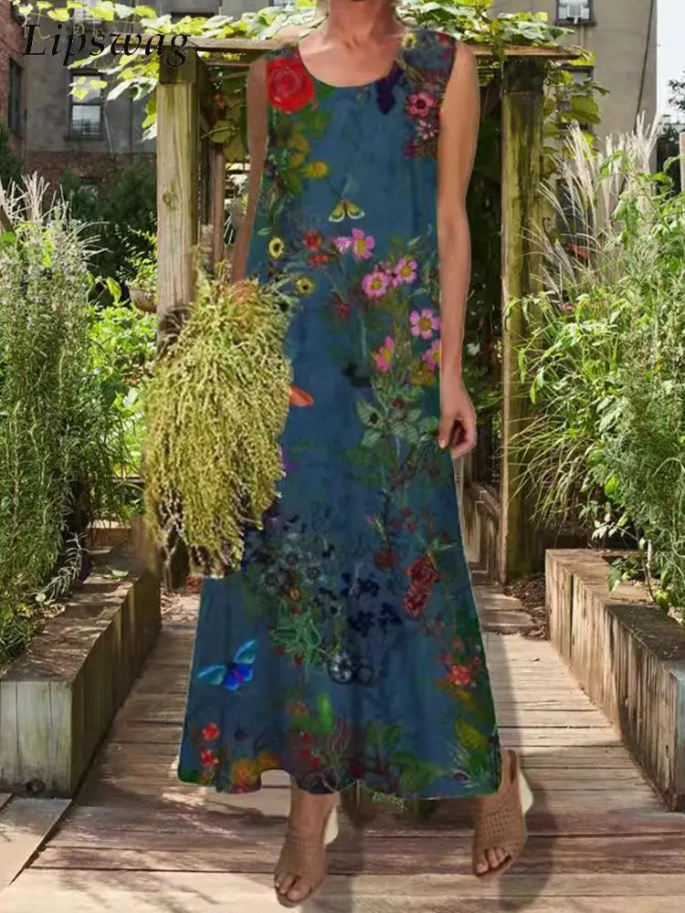 

Summer Sleeveless Women Loose Maxi Dress 2022 New Casual Leaf Floral Print Pullover Dress Female Elegant O Neck Long Party Dress