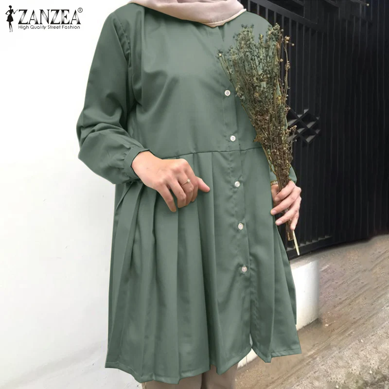 

Elegant Fashion O Neck Pleated Shirt Tops ZANZEA Women Spring Button Muslim Loose Blouse Women Casual Islamic Clothing Chemise