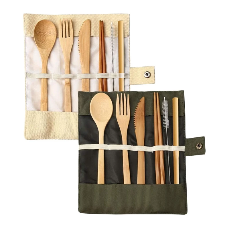 Раздвоенный бамбуковый столовый прибор для путешествий из ножа, вилки, ложки, палочек и трубочек (бежевый + зеленый) на переиспользуемых материалах.