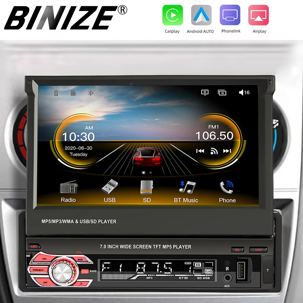 

Автомагнитола Binize 1 Din, 7-дюймовая, Apple Carplay, Android, автоматическая выдвижная, с сенсорным экраном, радио, Indash, Bluetooth