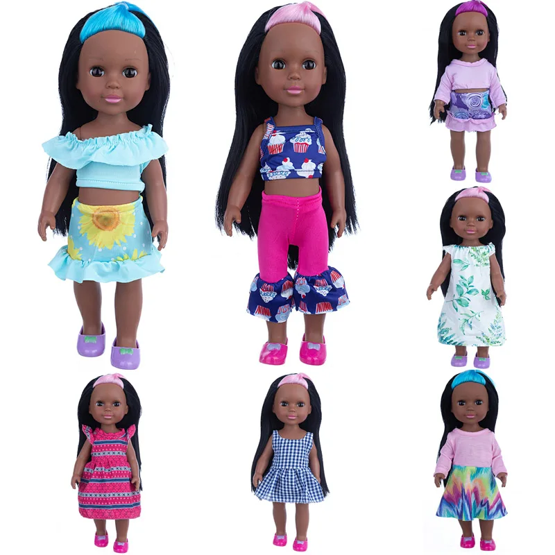 

14inch Reborn Baby Doll Silicne Pink Braid Tide Baby 35Cm Straight Hair Black Skin American Girl Dress Up Doll Toy