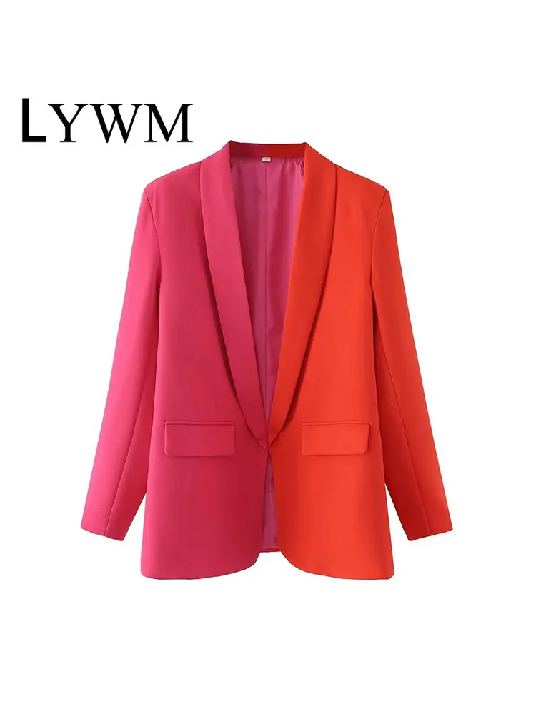

LYWM Women Fashion Patchwork Blazer With Pockets Vintage Long Sleeves Notched Neck Female Office Lady Outfits