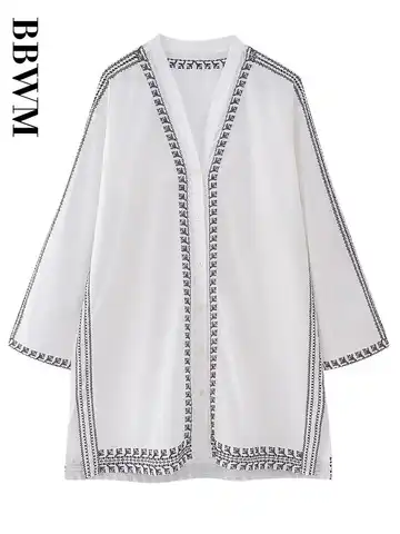 Embroidery Dress Women Loose Mini Dress V Neck Vintage Long Sleeve Dresses 2023 Fashion Casual Short Dress Chic Female
