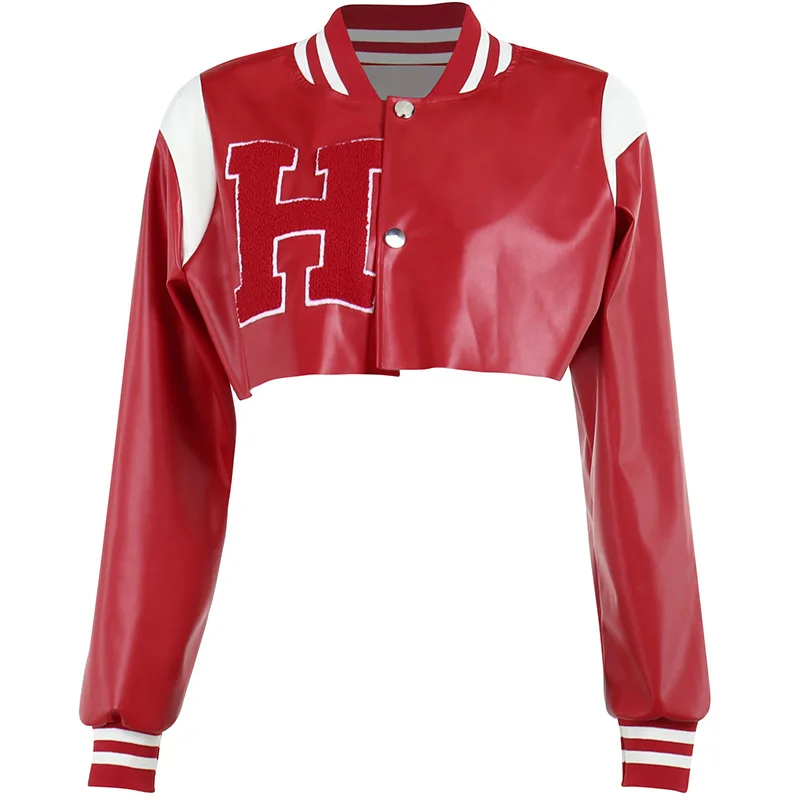 Autumn Jacket Female New Street Trend Hip-Hop Color Collision Leather Cut Short Embroidered Baseball Suit