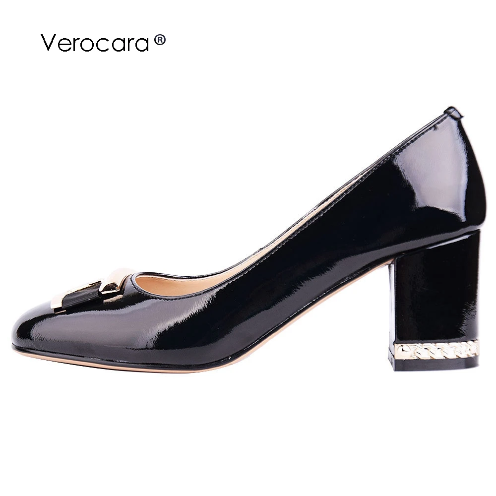 

Verocara Women's Chunky Heel Bowtie Buckle Decoration Genuine Patent Leather Evening Dress Slip-on Pumps Shoes Handmade V2415