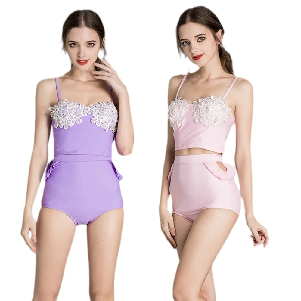 

Women's 3d Floral Cute Pink/Purple Bikini Set High Waist Swimming Suit For Women 2022 Sexy Beachwear Two Pieces Swimwear Biquini