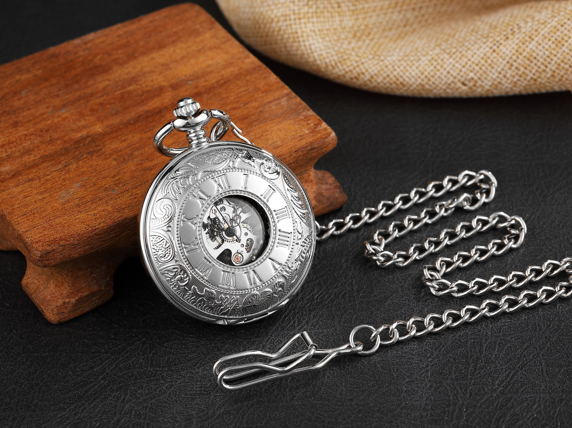 Full Silver Antique Steampunk Vintage Roman Numerals Automatic Mechanical Pocket Watch Necklace Retro Clock Chain Reloj Hombre