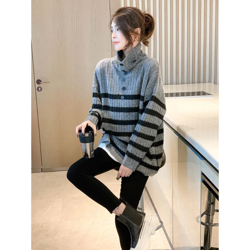 

Пуловер, свитер в полоску, пуловер с высоким воротом, свитер для женщин, осень и зима, свободный, свободный, с длинным рукавом, вязаный свитер